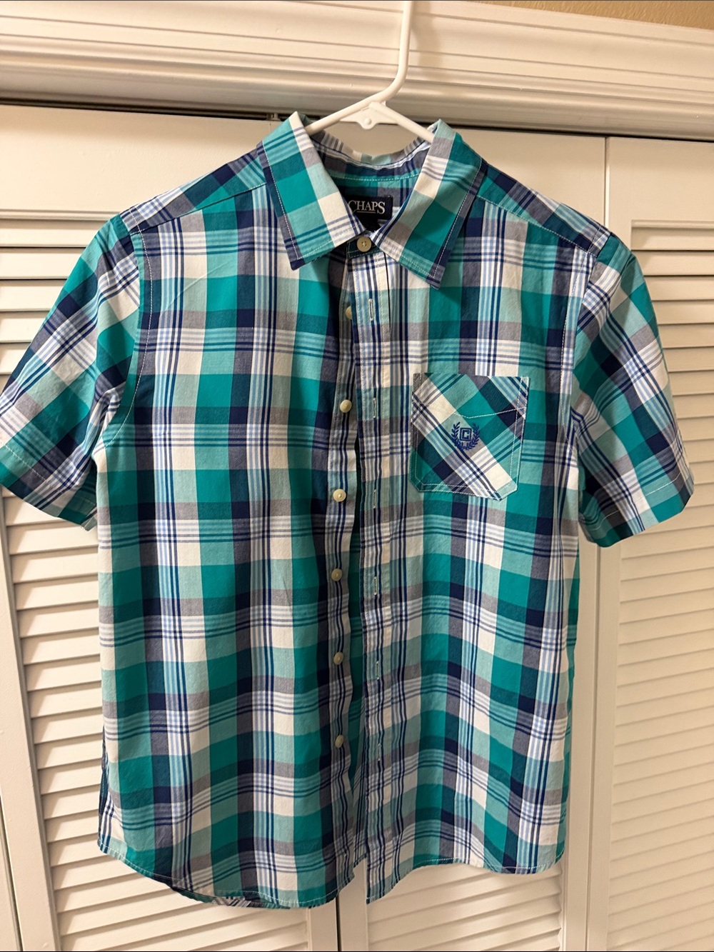 Chaps Teal and Navy Plaid Short-Sleeve Button-Down Shirt